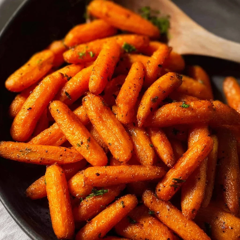 Plate of crispy Air Fryer baby carrots garnished with herbs