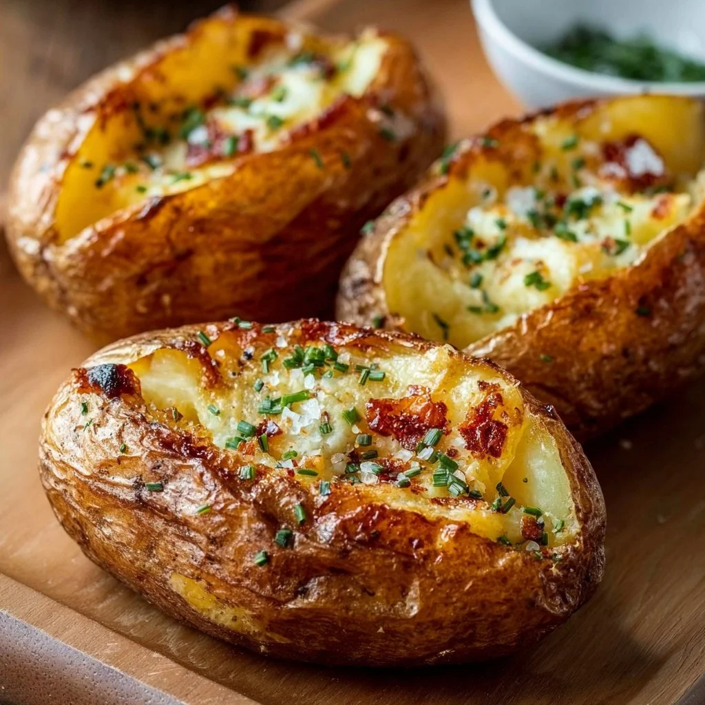 Air Fryer baked potatoes served with toppings