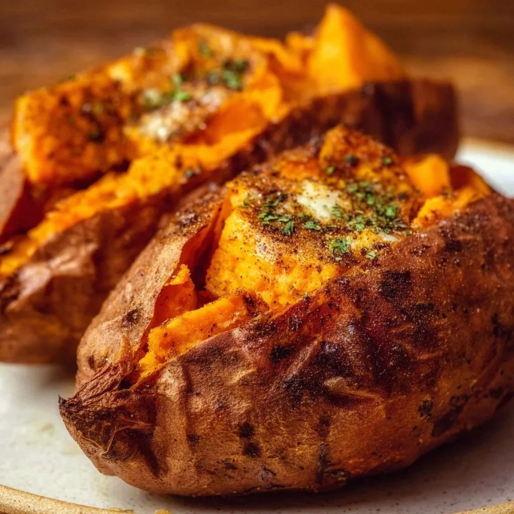 Air fryer baked sweet potatoes garnished and ready to serve