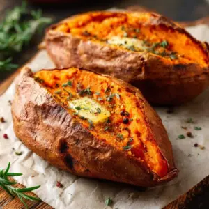Air fryer baked sweet potatoes served on a plate with herbs.