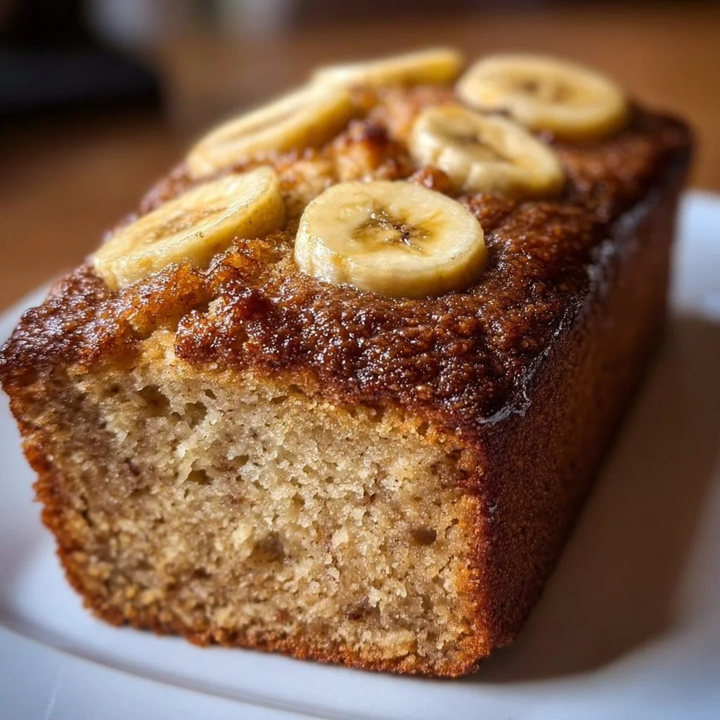 Delicious air fryer banana cake served on a plate with banana slices