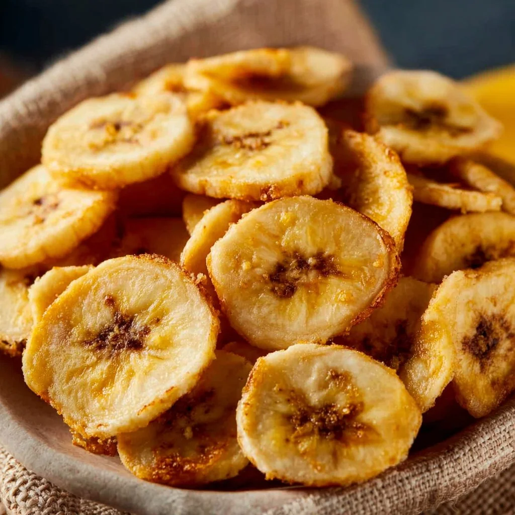 Crispy homemade air fryer banana chips in a bowl