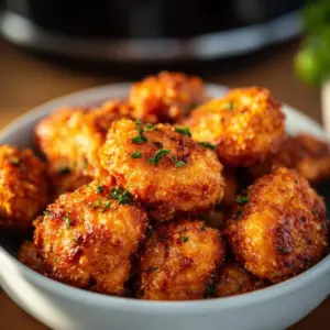 Crispy Air Fryer Bang Bang Chicken served on a platter with dipping sauce.