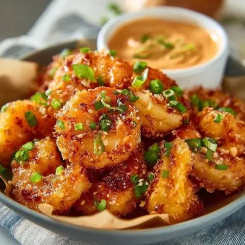 Crispy Air Fryer Bang Bang Shrimp with creamy sauce and garnishes