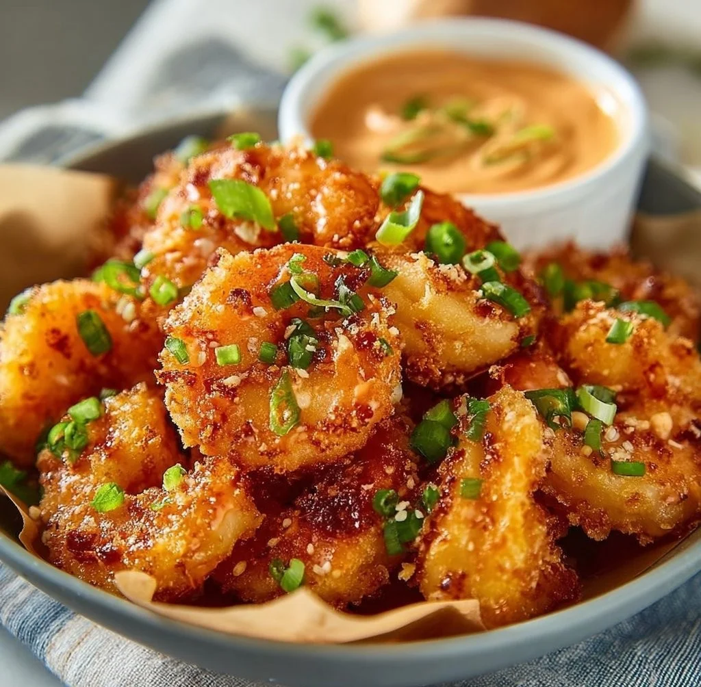 Crispy Air Fryer Bang Bang Shrimp with creamy sauce and garnishes