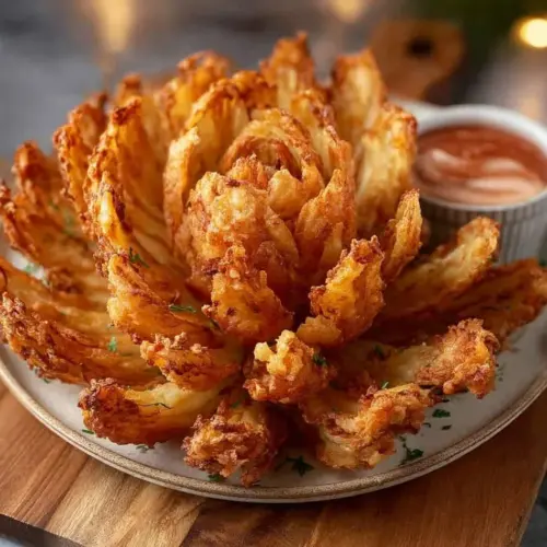Crispy Air Fryer Blooming Onion served with dipping sauce