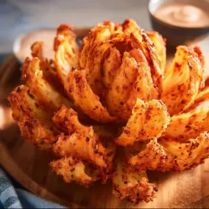Delicious air fryer blooming onion served with dipping sauce