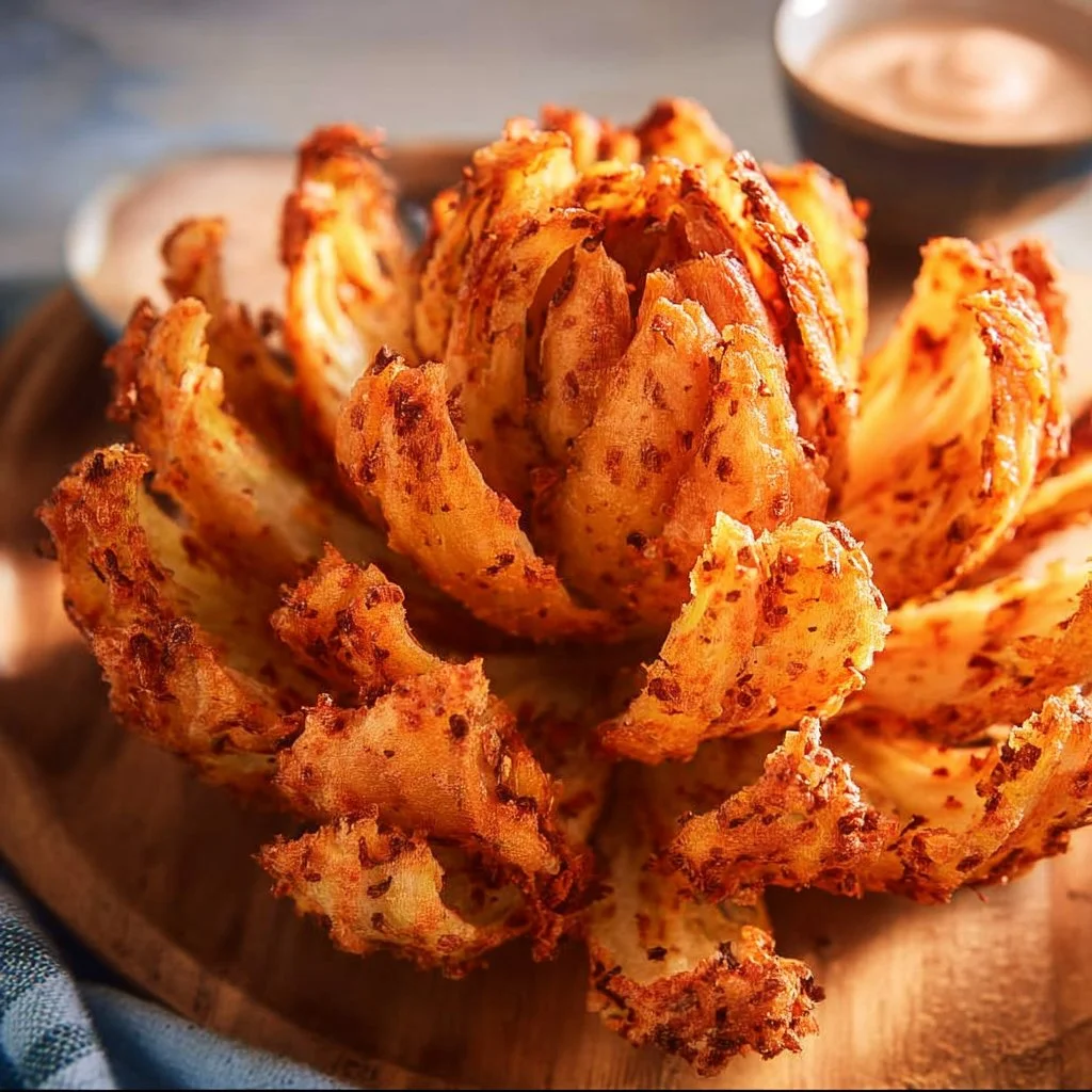 Delicious air fryer blooming onion served with dipping sauce