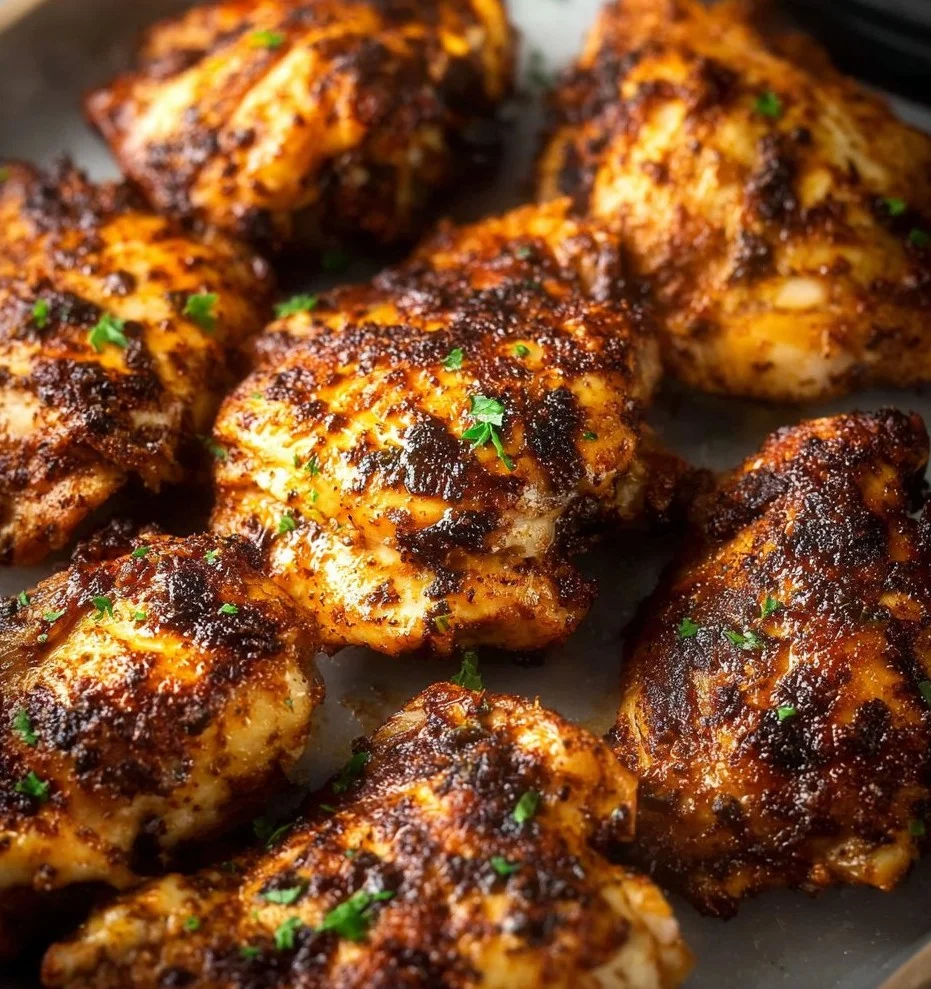 Air fryer boneless chicken thighs served with vegetables