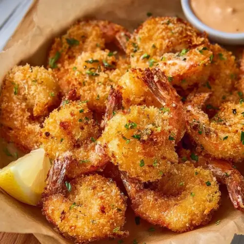 Air fryer breaded shrimp served with dipping sauce on a plate