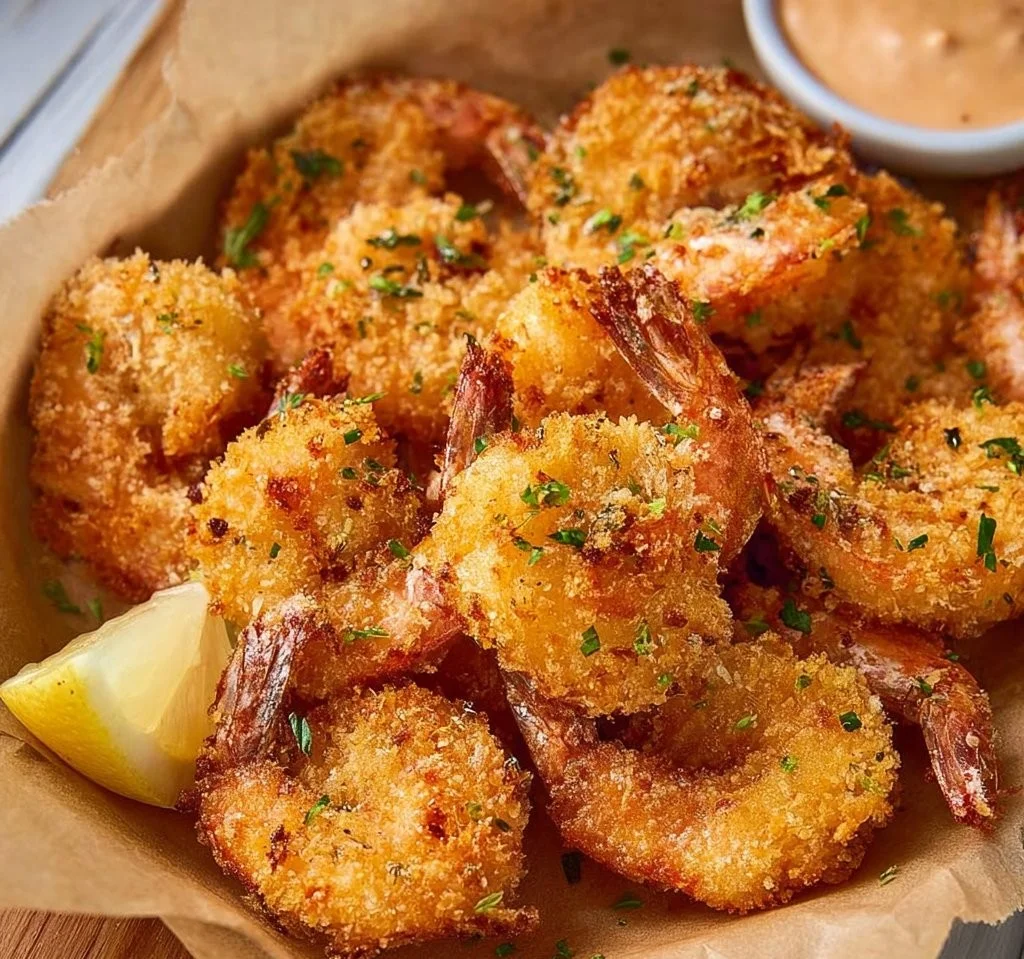 Air fryer breaded shrimp served with dipping sauce on a plate