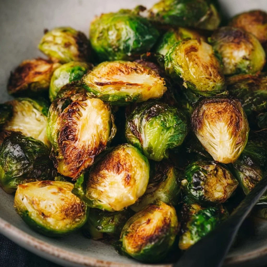 Crispy Air Fryer Brussels sprouts in a bowl, garnished and ready to serve.