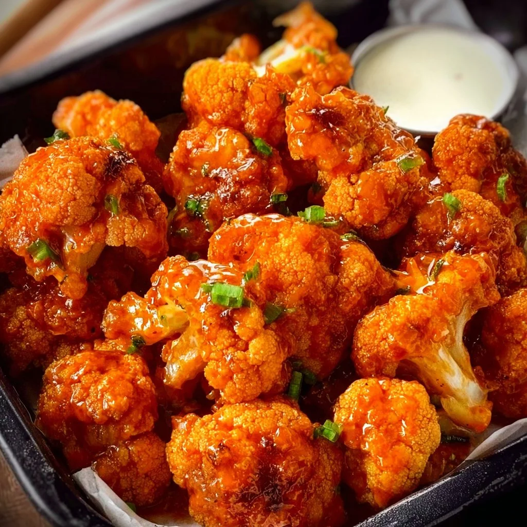 Air Fryer Buffalo Cauliflower Bites served in a bowl with dipping sauce