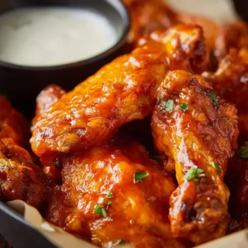 Crispy air fryer buffalo wings served with dipping sauce and celery sticks
