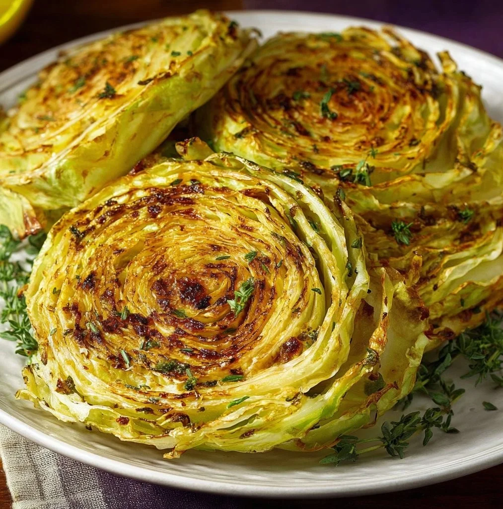 Air fryer cabbage steaks cooked until golden and crispy
