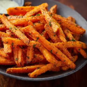 Crispy air fryer carrot fries on a plate, served with dipping sauce.