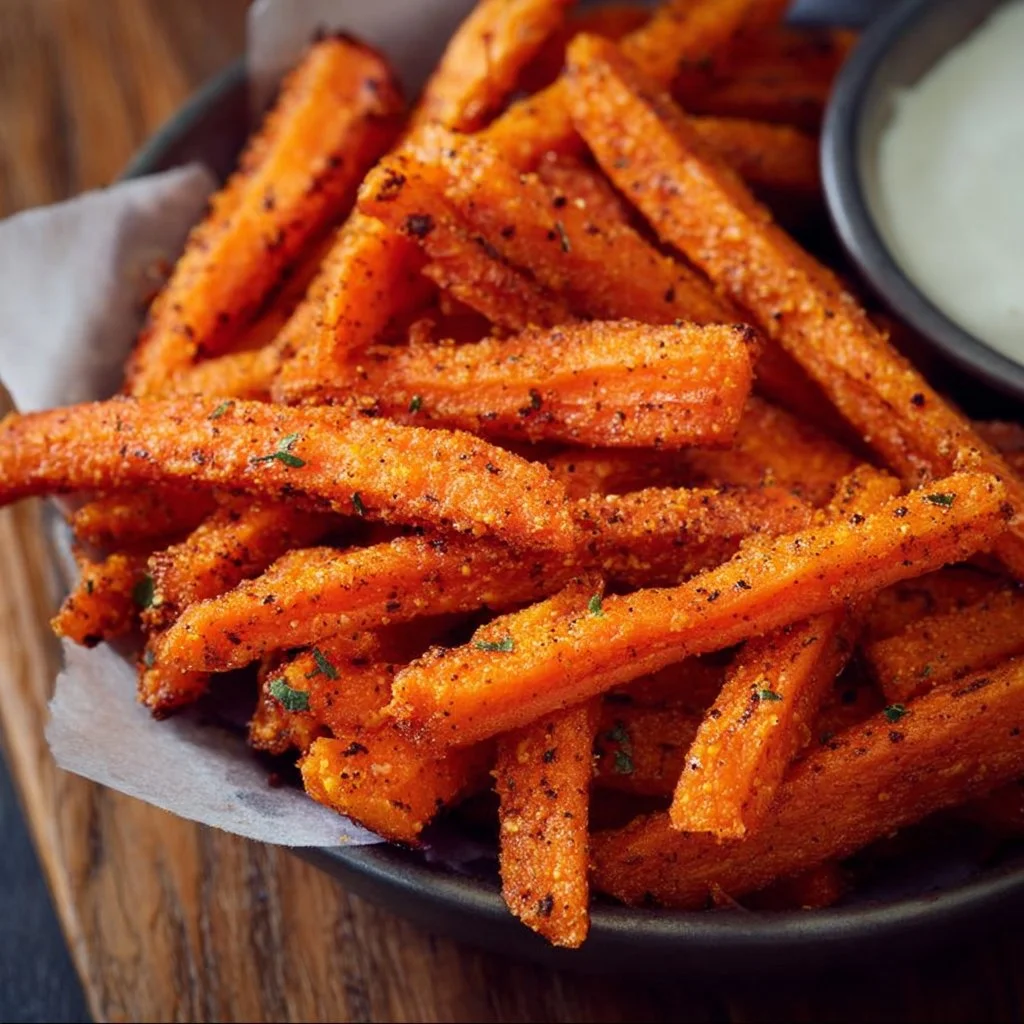 Crispy air fryer carrot fries served with a dipping sauce