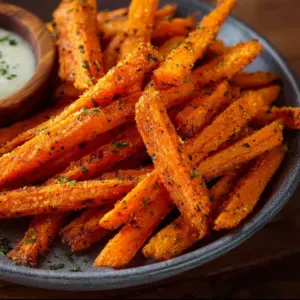 Crispy air fryer carrot fries served in a bowl with seasoning