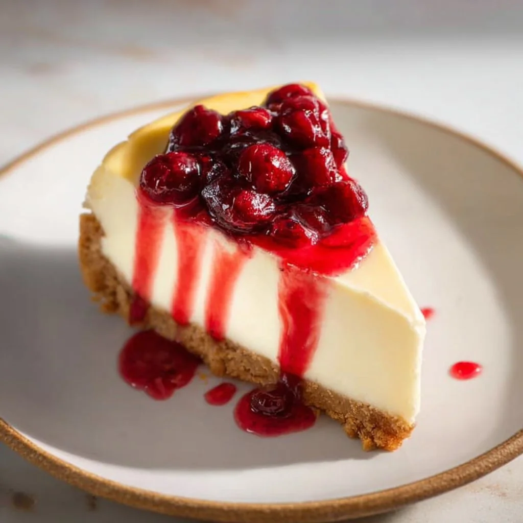 Delicious air fryer cheesecake topped with fresh berries and whipped cream.