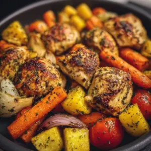Crispy air fryer chicken and vegetables plated for a healthy meal.