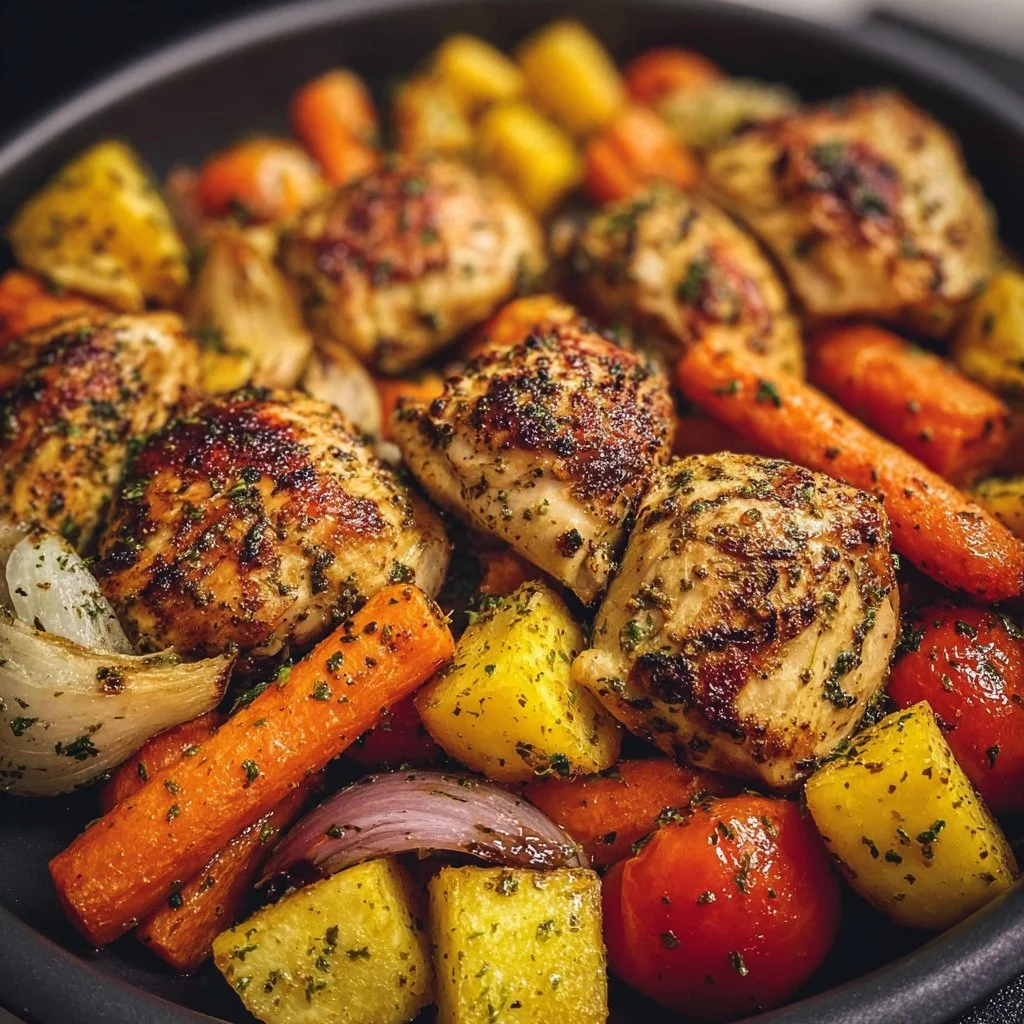Crispy air fryer chicken and vegetables plated for a healthy meal.