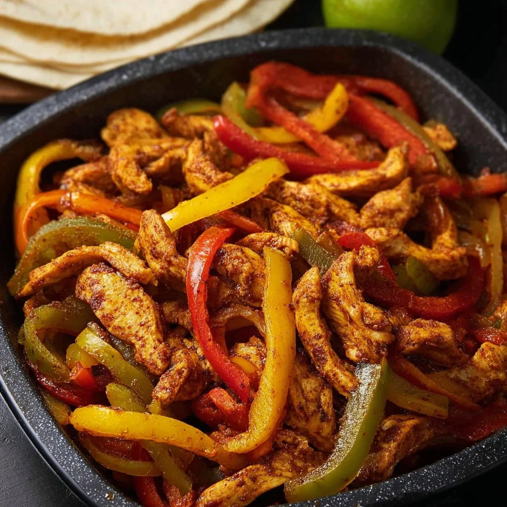 Delicious air fryer chicken fajitas served with bell peppers and onions