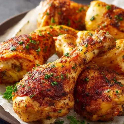 Crispy air fryer chicken legs served on a plate with herbs and spices