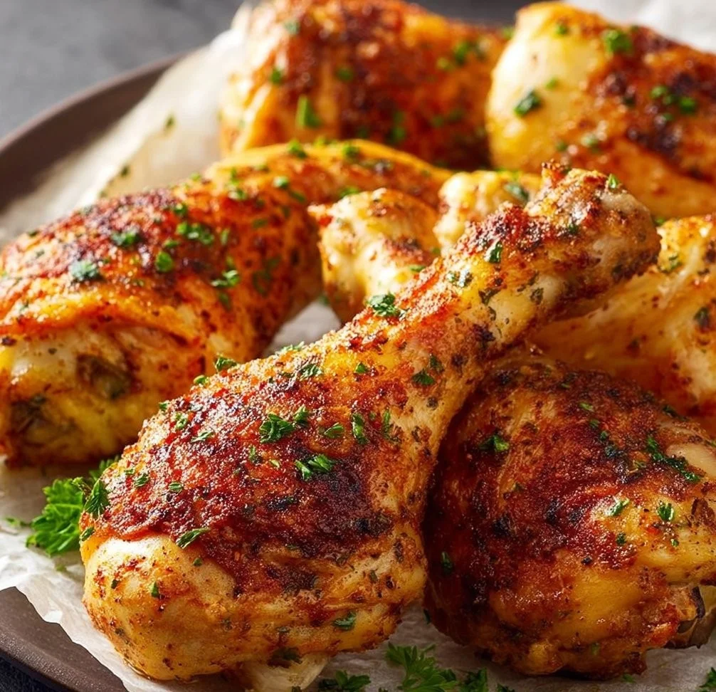 Crispy air fryer chicken legs served on a plate with herbs and spices