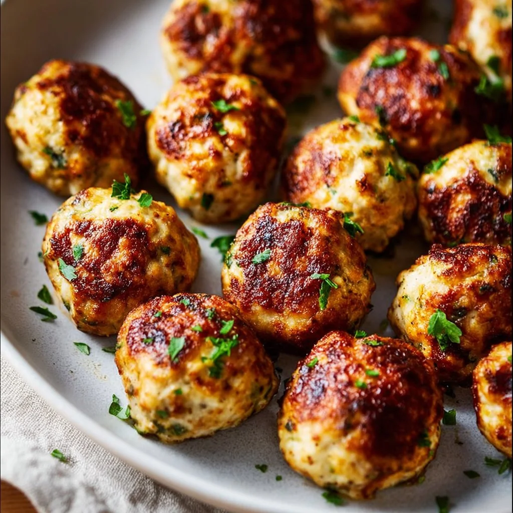 Deliciously cooked air fryer chicken meatballs ready to serve.