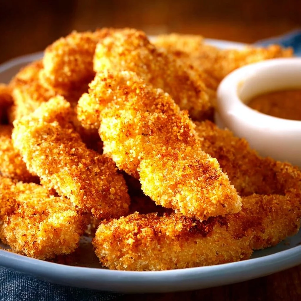 Crispy air fryer chicken strips served on a plate