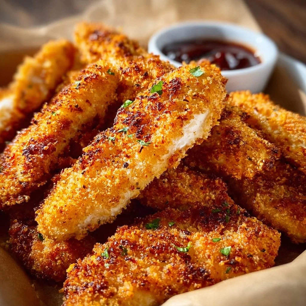 Crispy air fryer chicken strips served with dipping sauce