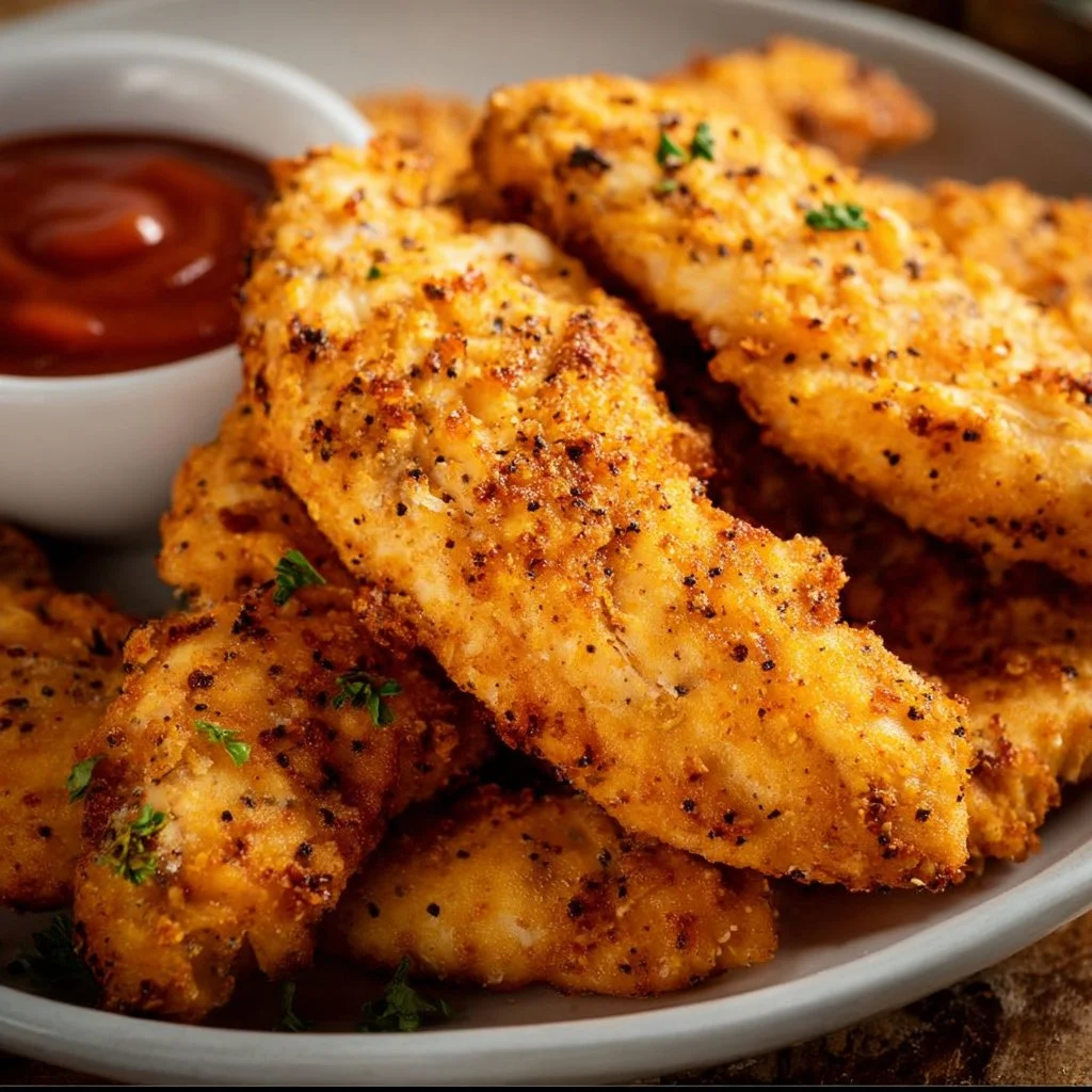 Crispy air fryer chicken tenders served on a plate with dipping sauce