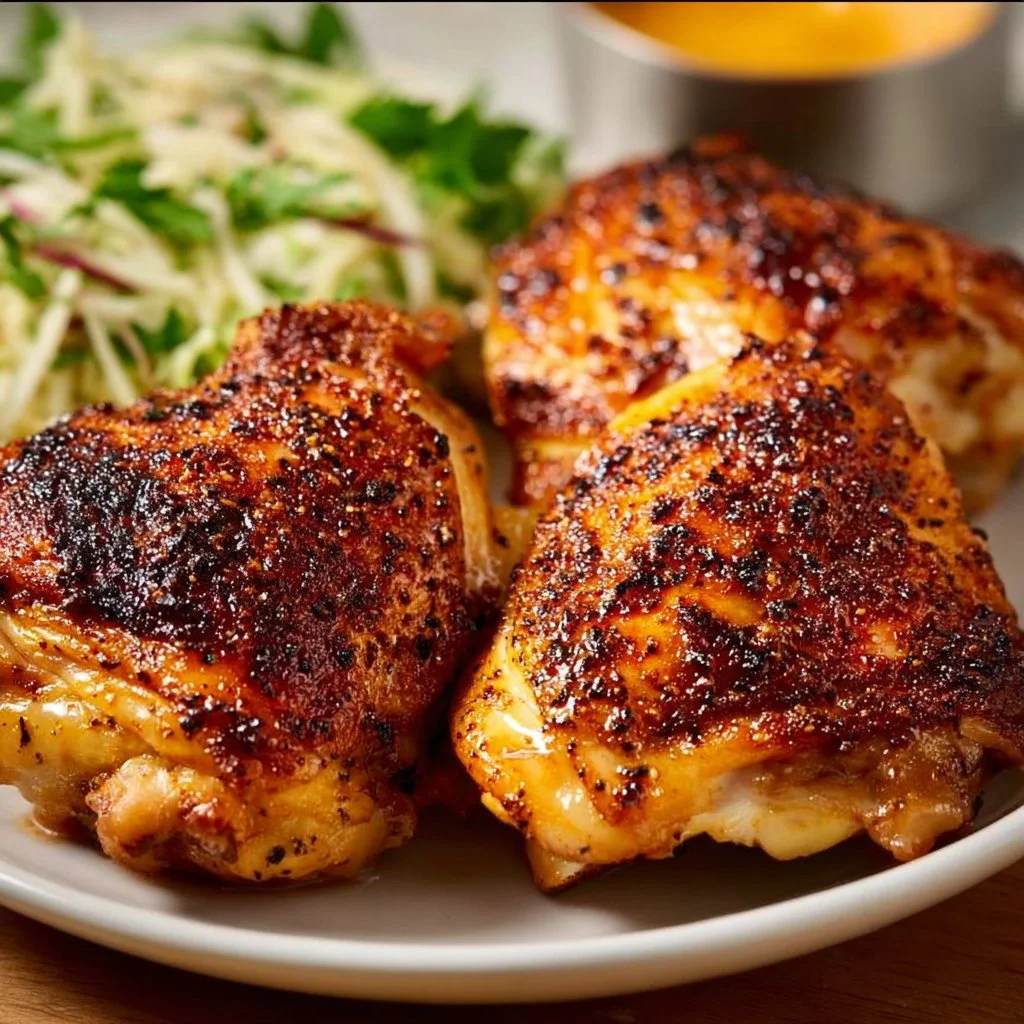 Crispy air fryer chicken thighs served on a plate with herbs