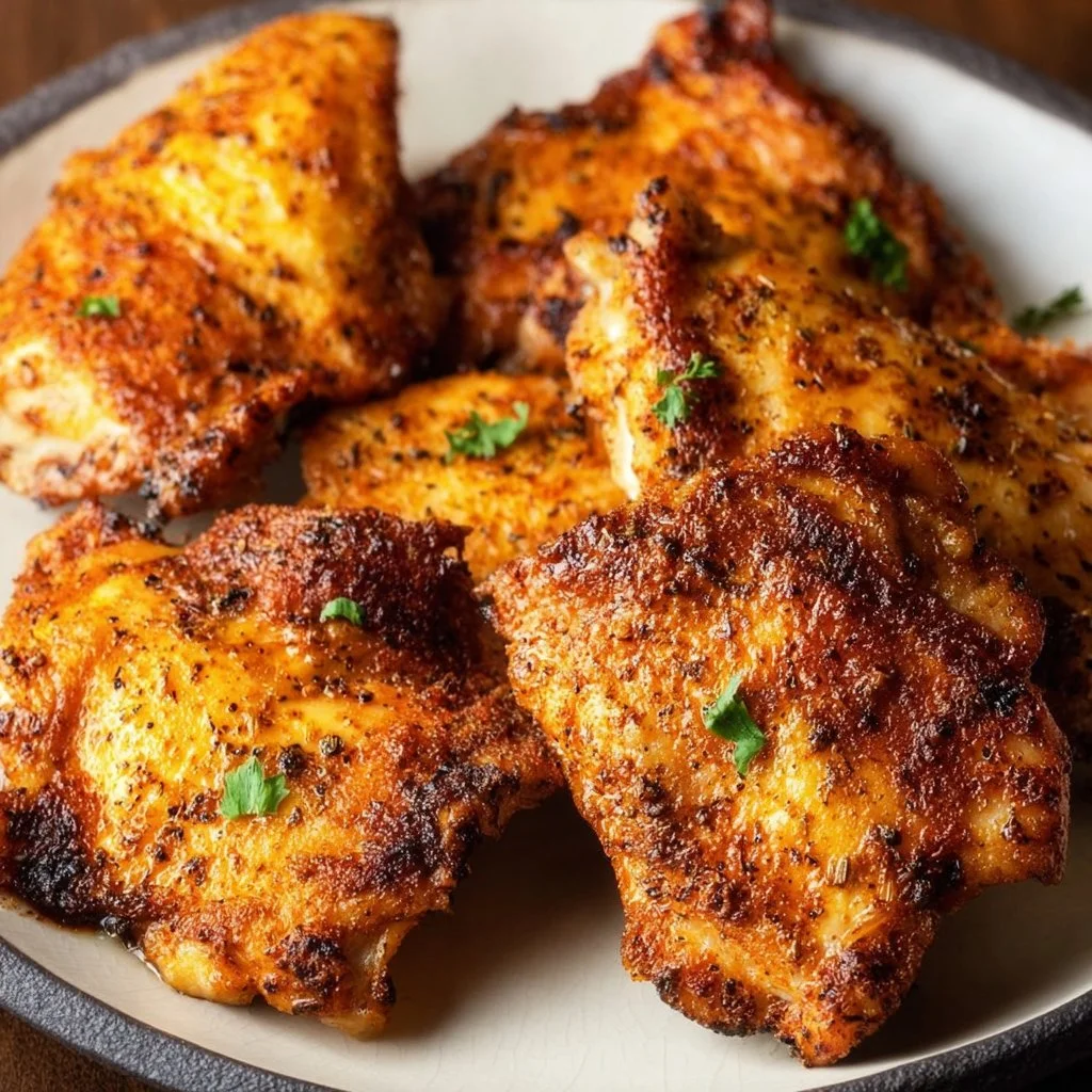 Crispy and juicy air fryer chicken thighs garnished with herbs