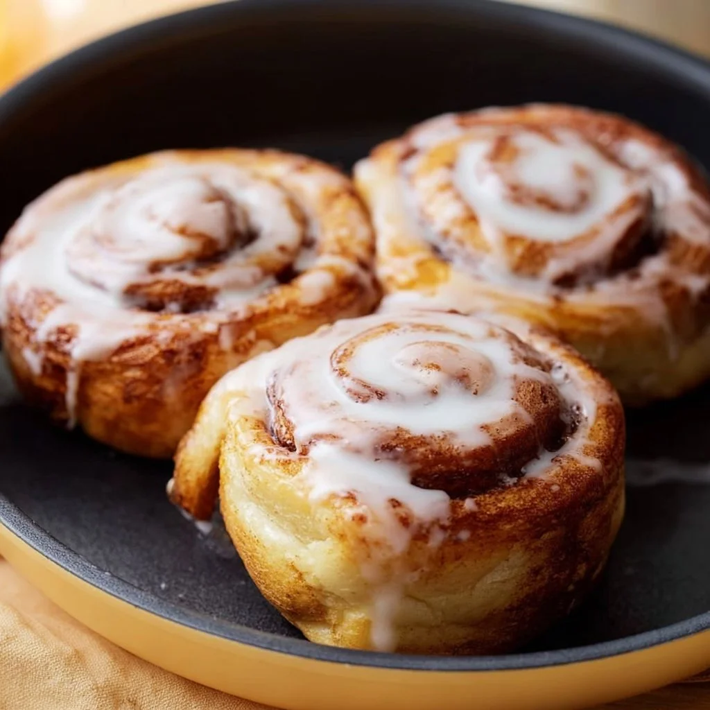 Delicious air fryer cinnamon rolls topped with icing.