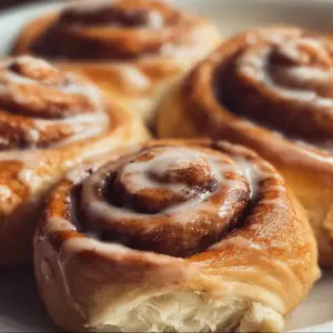 Delicious air fryer cinnamon rolls topped with icing on a white plate