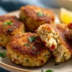 Air Fryer crab cakes served on a plate with dipping sauce