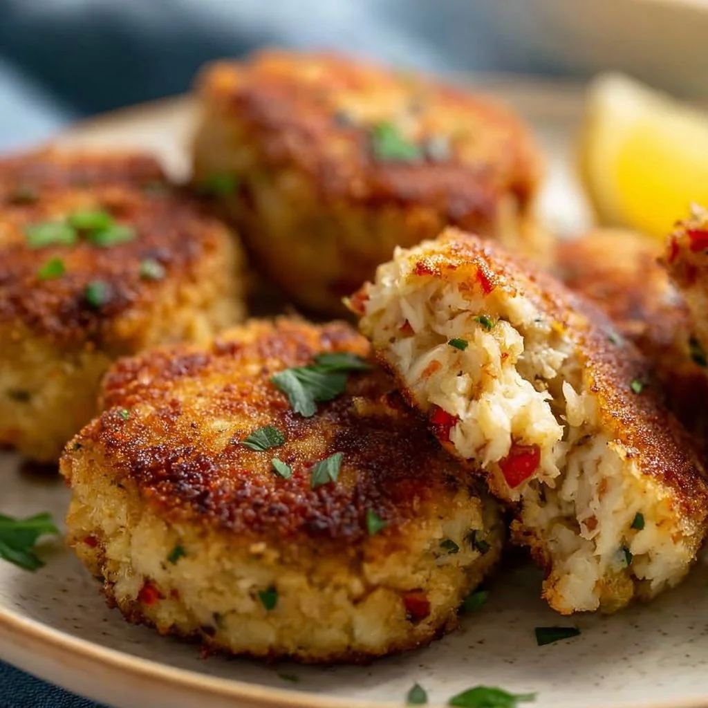Air Fryer crab cakes served on a plate with dipping sauce
