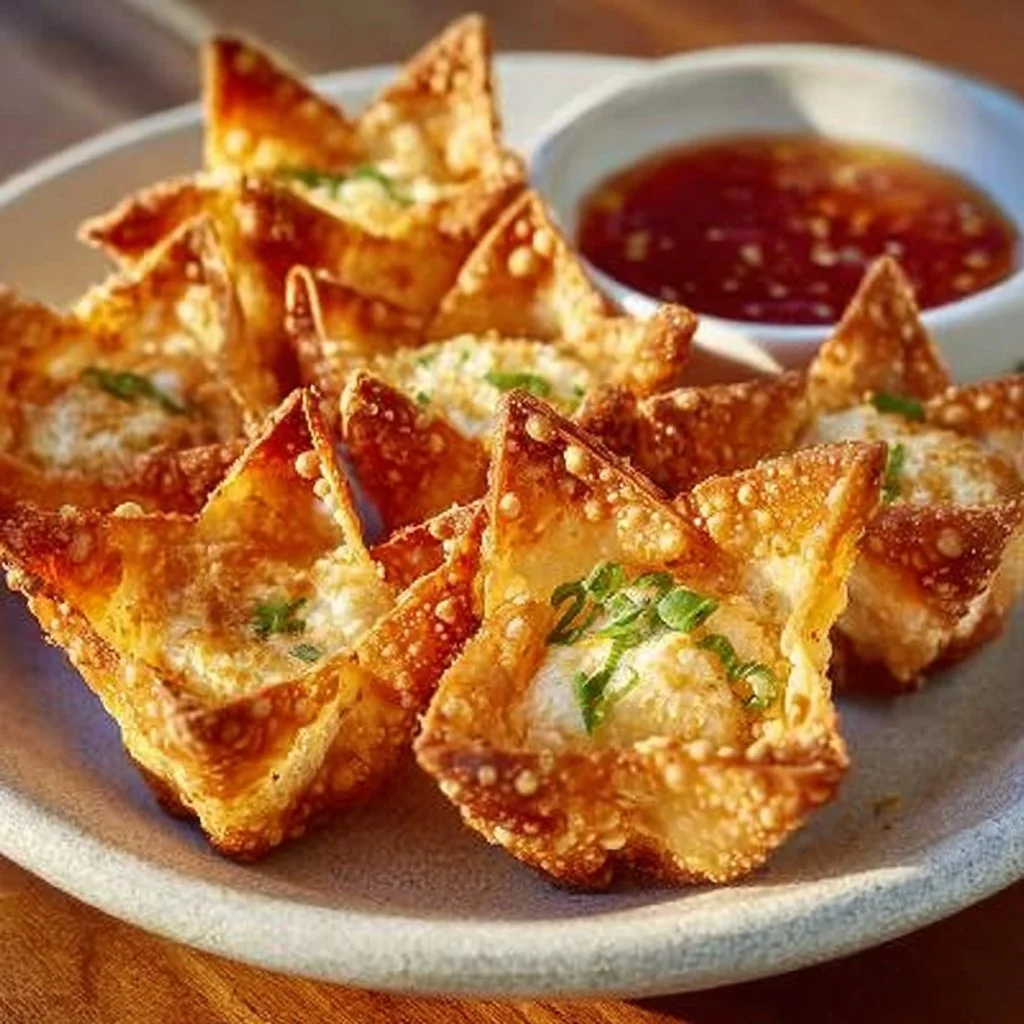 Crispy air fryer crab rangoon served with dipping sauce