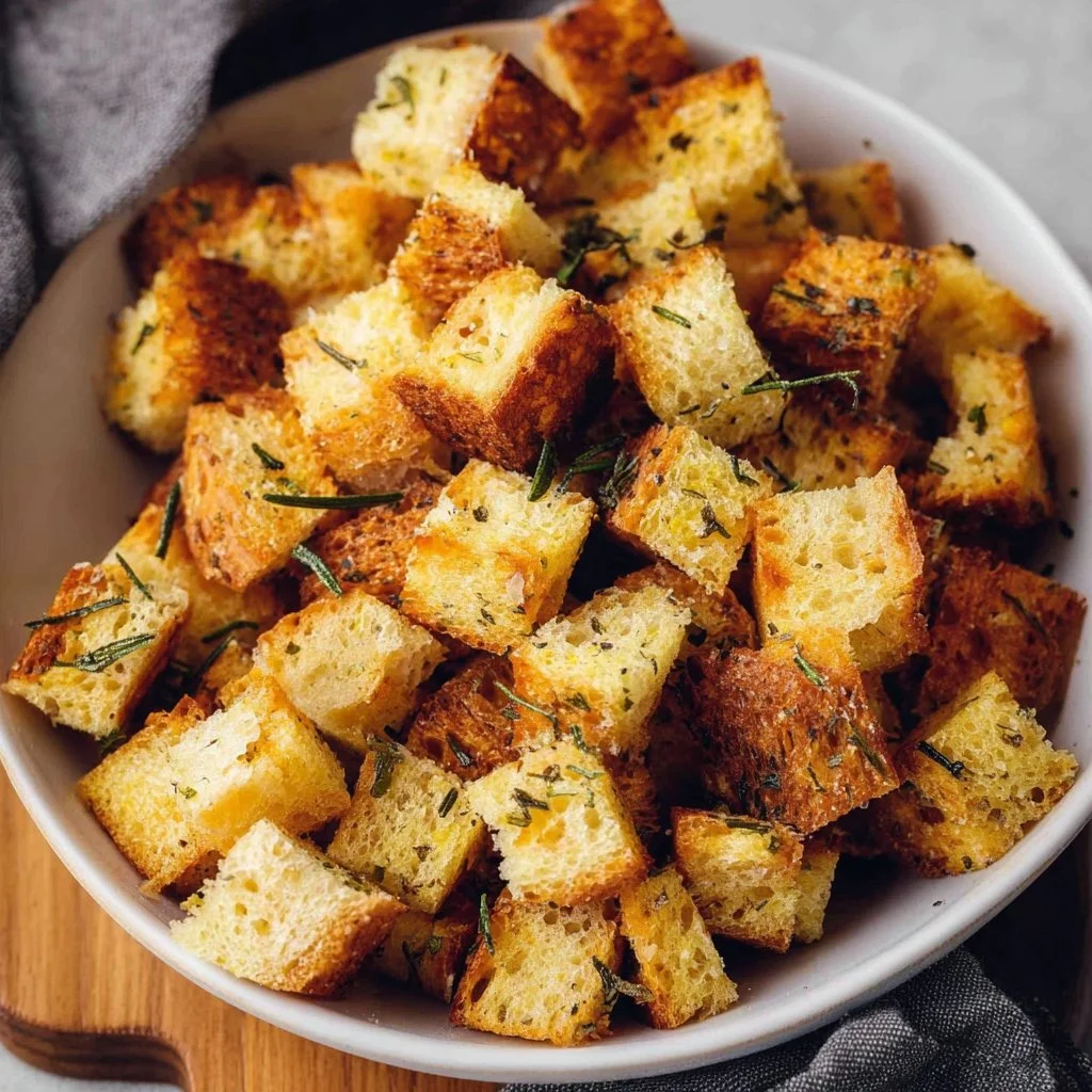 Crispy Air Fryer croutons ready to add to salads and soups