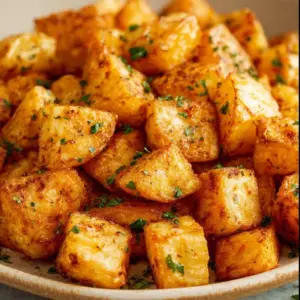 Crispy air fryer diced potatoes served in a bowl