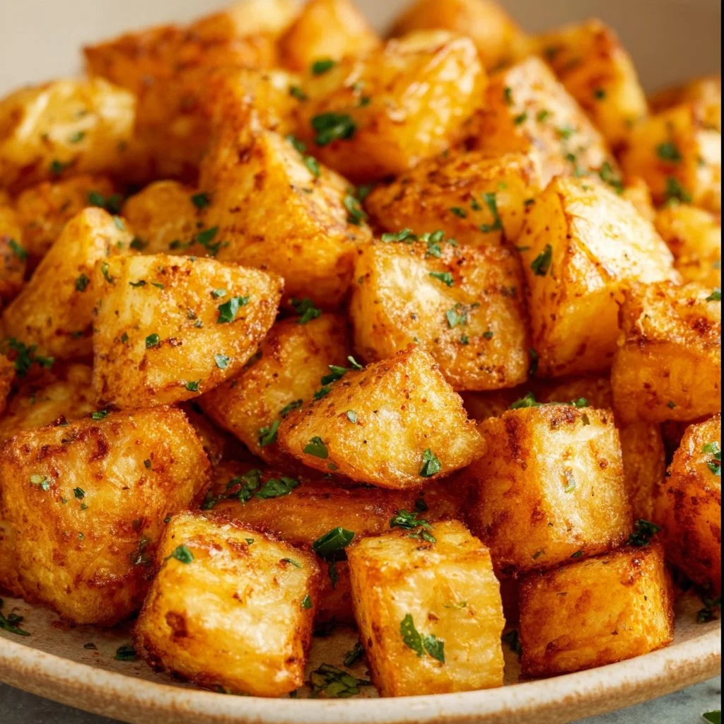 Crispy air fryer diced potatoes served in a bowl