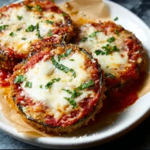 Crispy Air Fryer Eggplant Parmesan with melted cheese and fresh herbs