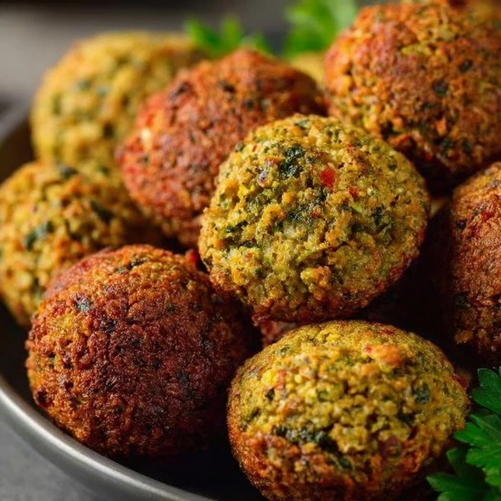 Crispy air fryer falafel served with dipping sauce and fresh veggies