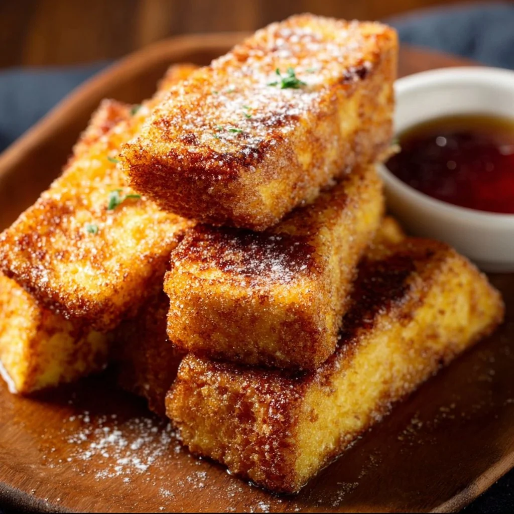 Crispy Air Fryer French toast sticks served with syrup and berries