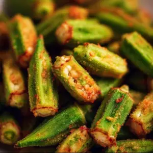 Crispy air fried fresh okra on a plate, ready to serve