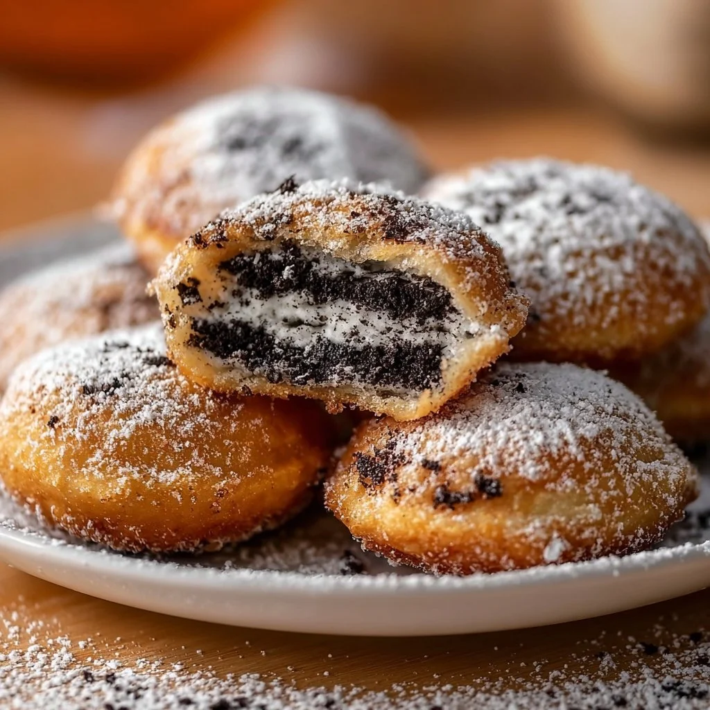 Plate of crispy Air Fryer Fried Oreos ready to be enjoyed.