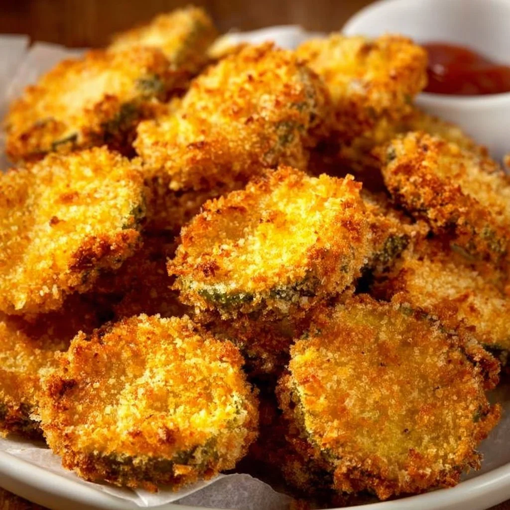 Crispy air fryer fried pickles served with dipping sauce on a plate.