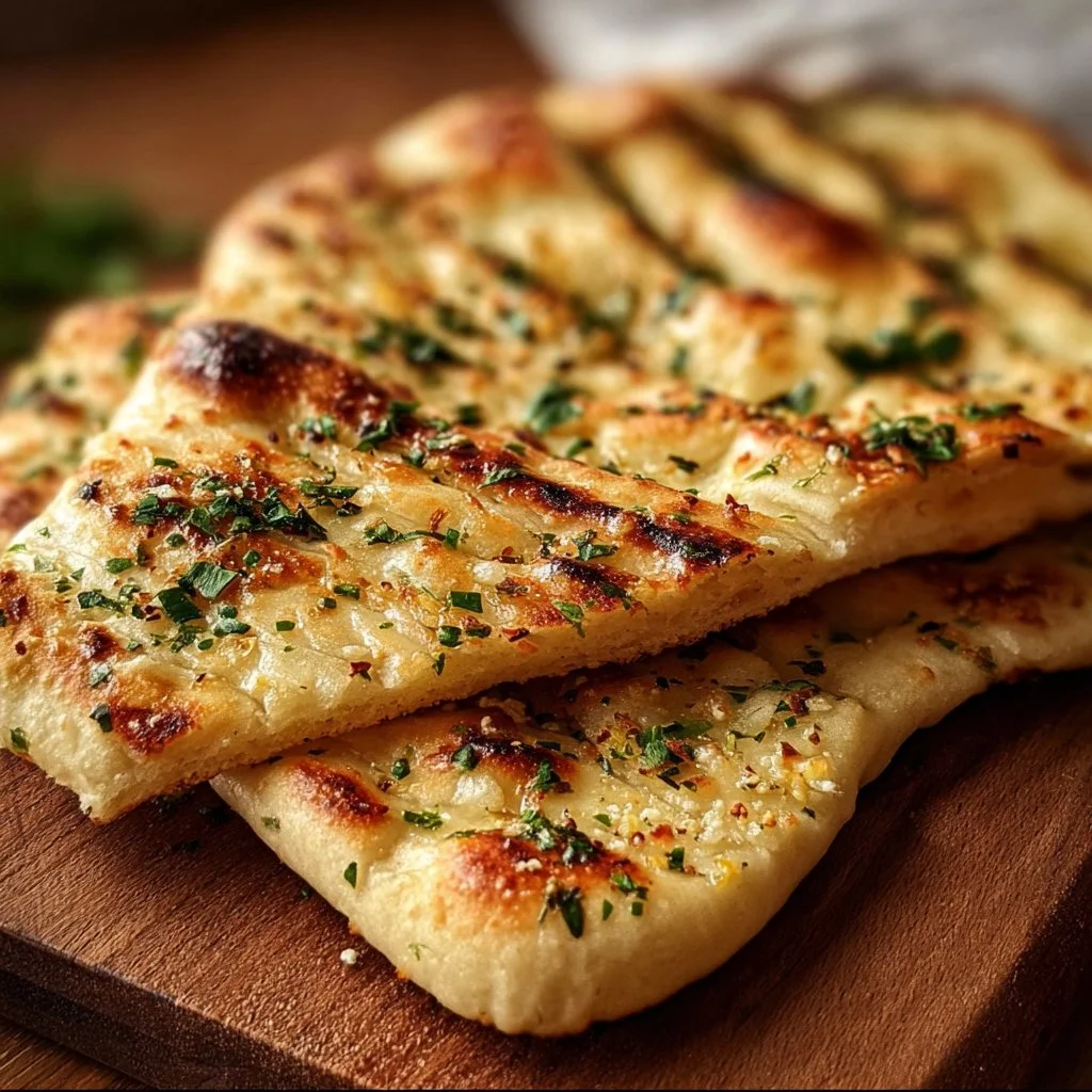 Freshly made air fryer garlic flatbread, golden brown and crispy