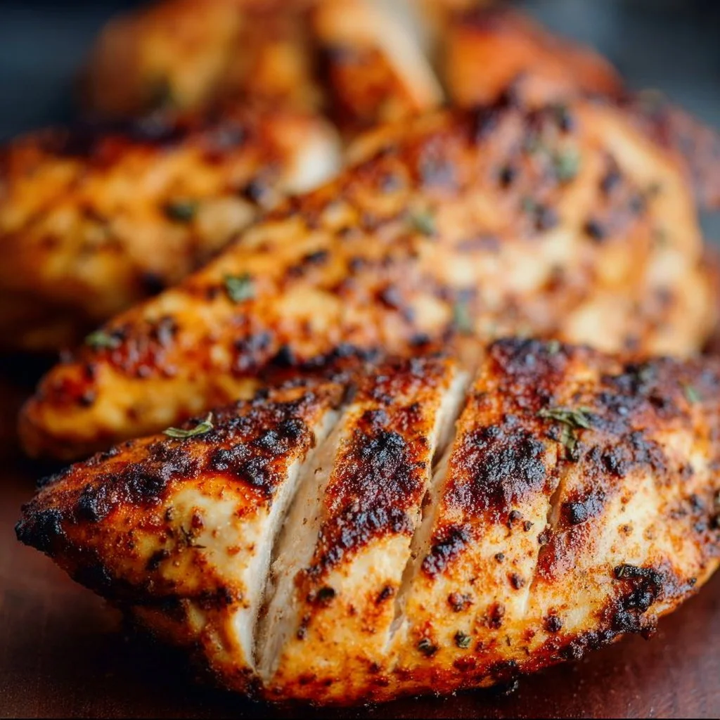 Delicious air fryer grilled chicken served on a plate with herbs